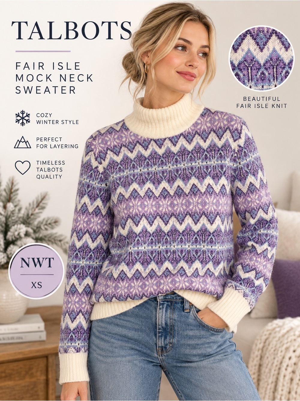 Talbots NWT XS Fair Isle Nordic Mock Neck Sweater Purple Wool Blend
